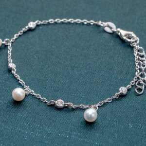Pulseira de Pérolas e Diamante de Lab- Banhado em Ródio